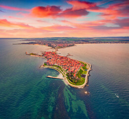 Wall Mural - Beautiful summer scenery. View from flying drone of old town of Nessebar. Astonishing seascape of Black sea. Aerial outdoor scene of Bulgaria, Europe. Traveling concept background.