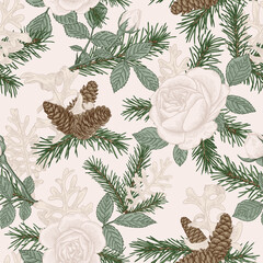 Christmas seamless pattern with roses, fir branches and cones. Botanical illustration.  Background with winter plants. Сolorful. 