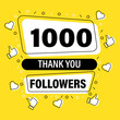 Banner, poster, icon Thank you for 1000 followers in Memphis style with heart and thumb up icons