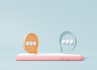 Fototapete - 3d render Smartphone white screen and Bubble chat or comment digital marketing Social media online concept with show speech, talk, communication, communicate digitally minimal on sky blue background