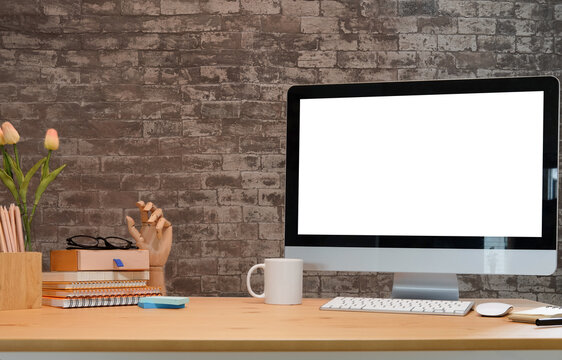 Workspace desk and laptop. copy space and blank screen. Business image, Blank screen laptop and supplies.	