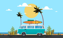 Vintage Surfer Van Goto Beach On Summer Time. Good For Ads Promotion, Wallpapper, Sosmed Post, Poster, Etc. Illustration Vector Graphic In Flat Style