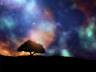 Wall Mural - 3d abstract space scene with tree landscape