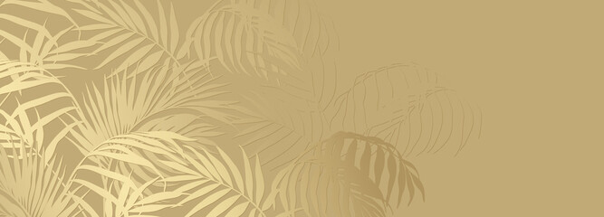 Gold  background with tropical plant leaves. Abstract floral pattern. Vector illustrations in yellow colors for advertising, wallpaper, wedding design, cards, invitations, banners, flyers, posters