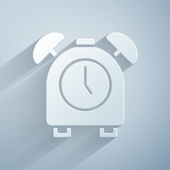 Sticker - Paper cut Alarm clock icon isolated on grey background. Wake up, get up concept. Time sign. Paper art style. Vector