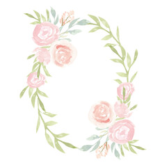 Blush flower watercolor wreath, pink floral frame o white background