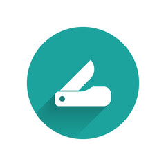 Sticker - White Swiss army knife icon isolated with long shadow. Multi-tool, multipurpose penknife. Multifunctional tool. Green circle button. Vector