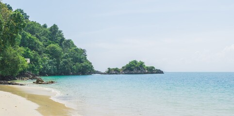 Tropical beach and Island with with mountain view, green ocean and clear seawater, Ariel high view from the mountain 360 degree. Ranong, Thailand