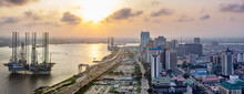 A Panorama Shot Of Cityscape Of Lagos Island, Nigeria At Sunset