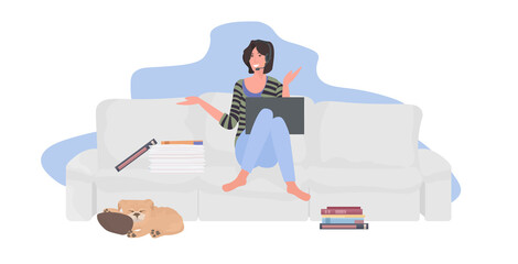 Poster - female student or businesswoman sitting on sofa girl in headset using laptop during video conference