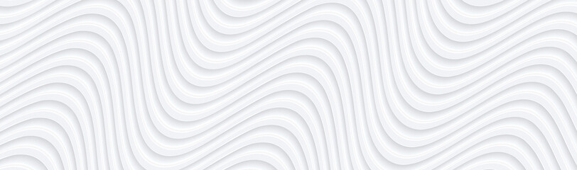 Poster - 3D white wavy background for business presentation. Abstract flow elegant pattern. Minimalist empty striped blank BG. Halftone monochrome cover with modern minimal color, vector illustration.