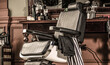 Stylish vintage barber chair. Professional hairstylist in barbershop interior. Barber shop chair