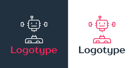 Poster - Logotype line Disassembled robot icon isolated on white background. Artificial intelligence, machine learning, cloud computing. Logo design template element. Vector