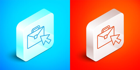 Aufkleber - Isometric line Online working icon isolated on blue and red background. Freelancer man working on laptop at his house. Remote work. Distant job concept. Silver square button. Vector
