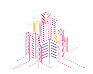 Wall Mural - Digital technology smart city with connecting dots and lines. Building automation concept, smart cities.