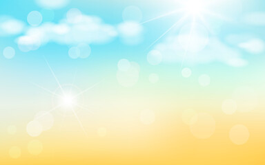 Abstract summer background with sunbeams and bokeh effect. Illustration of sand clouds and sky with bright sun.