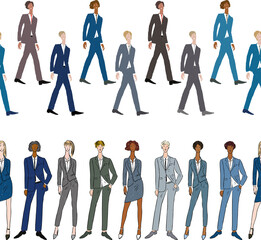 Seamless borders from sketches striding and standing young people in business suits