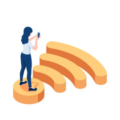 Poster - Isometric Woman Standing on Wifi Symbol and Using Smartphone