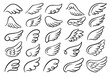 Vector set of wings. Bird feather wings, angel wings, black tattoo silhouette. Hand-drawn, doodle elements isolated on white background.