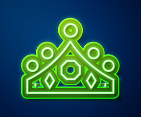 Poster - Glowing neon line King crown icon isolated on blue background. Vector