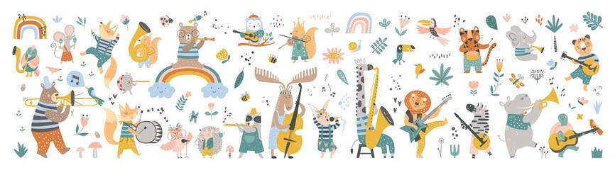 Wall Mural - Isolated set with cute animals playing on different music instruments in Scandinavian style. Cartoon animals playing music. Ideal kids design, for fabric, wrapping, textile, wallpaper, apparel