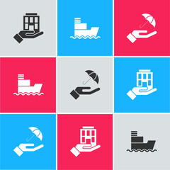 Sticker - Set House in hand, Ship and Umbrella icon. Vector