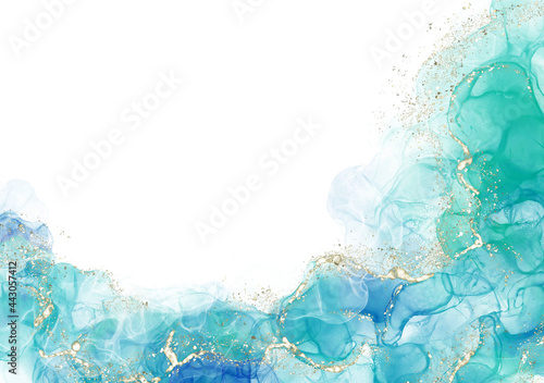 背景 テクスチャ アルコールインク 水彩 アート ラメ グリッター 金粉 青 エメラルドブルー Wall Mural Emmanma