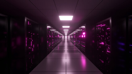 Digital data transmission to data servers behind glass panels in a data center server room. High speed digital lines. 3d illustration