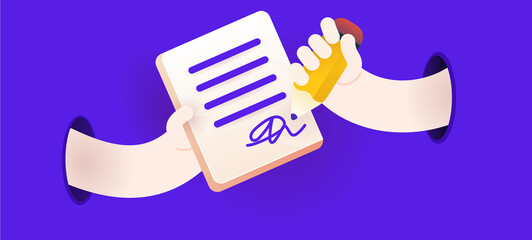 Vector banner for online form or agreement. Agreement with signature and two hands. Modern illustration with gradients and bright colours for web and print. Abstract background with editable elements.