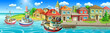 A port town with colorful houses and a stone pier. Fishing and cargo ships are in the bay.