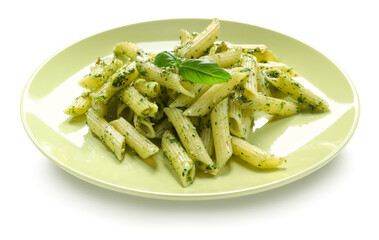 Plate with tasty pesto pasta on white background