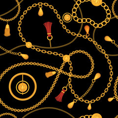 Wall Mural - Golden chains seamless pattern. Print with chain belt, gold necklace, jewel bracelet with pendant and tassel. Luxury fashion vector ornament