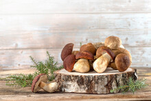 Fresh Boletus Mushrooms On A Wooden Background Still Life