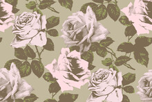 Rose Seamless Pattern. Engraving Style. Brown And Pink Color.