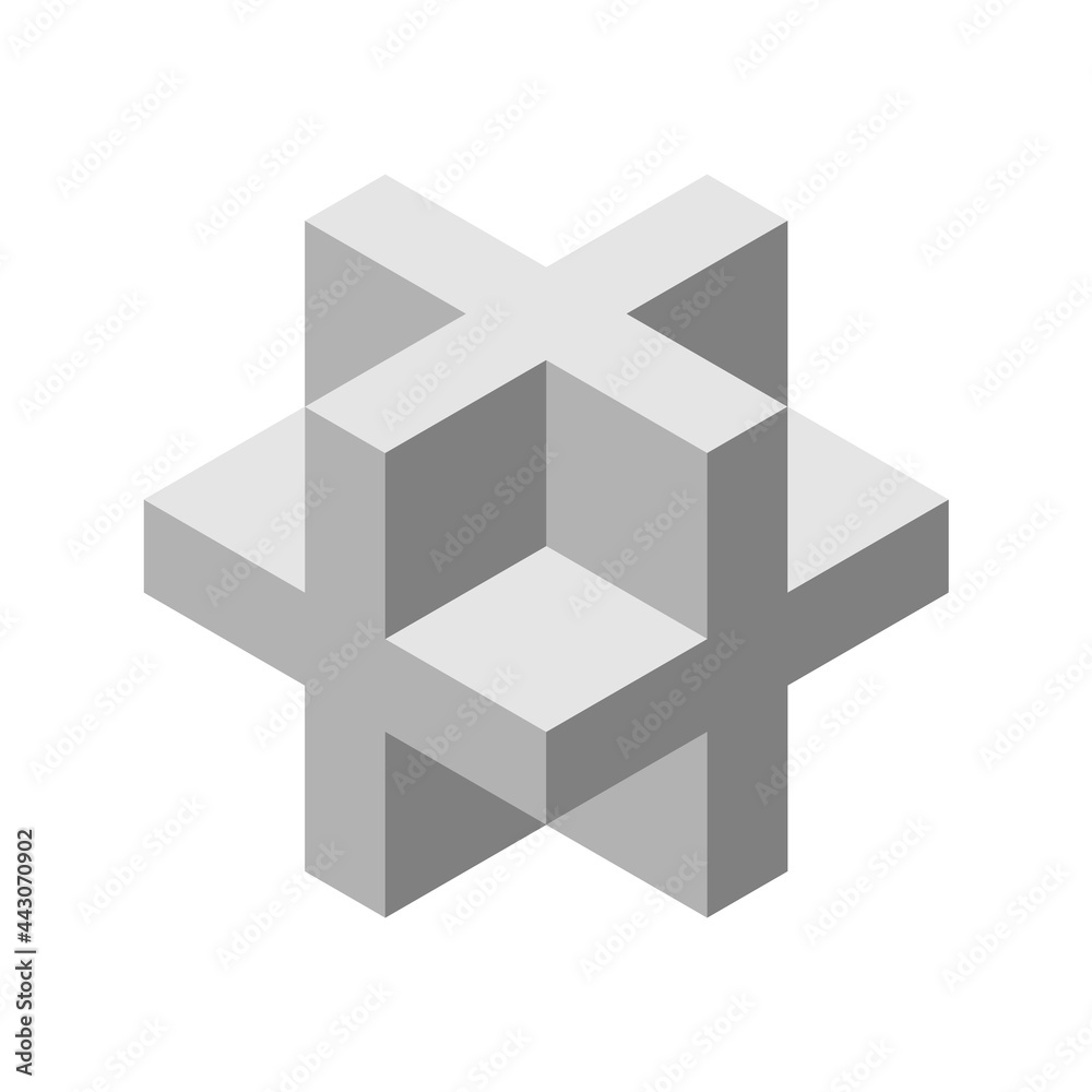 Gray 3D cross or plus sign. Dimensional letter X. Isometric cube shape made  of crosses. Necker cube figure. Abstract geometric object. Sacred geometry. Logo  design. Vector illustration, clip art. Stock Vector |, image size:1000x1000