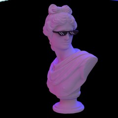 Poster - 3D illustration of Apollo Belvedere bust with pixel sunglasses. Postmodern vaporwave style sculpture in neon lightning.