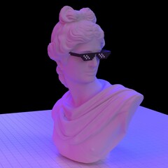 Poster - 3D illustration of Apollo Belvedere bust with pixel sunglasses. Postmodern vaporwave style sculpture in neon lightning.
