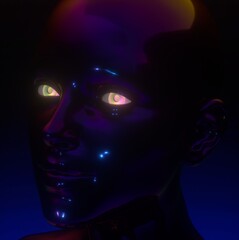 Poster - Conceptual 3D illustration of artificial intelligence. Robot head made of glossy chromium material.