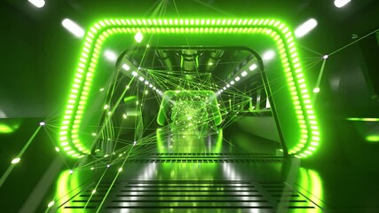 Wall Mural - Sci-fi tunnel in outer space with neon light. Planet Earth outside the window of the spaceship. Network connections and data flow. Space technology concept.