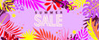 Summer bright sale banner for 2021 hot season. Tropical themed invitation for shopping with tropical leaves. Template for flyers, posters, cards,advertising design. Vector Illustration.
