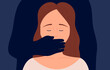 Woman with a male's hand on her mouth. Domestic violence. Man beating up his wife. Woman in fear of domestic abuse concept. Flat cartoon vector illustration.