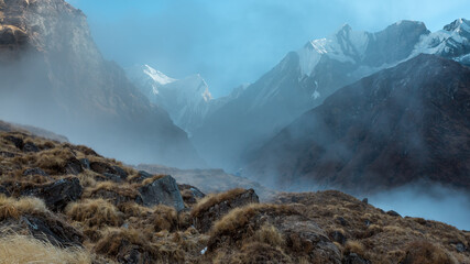 Wall Mural - Misty mountains, morning in Himalayas, Nepal, Annapurna conservation area