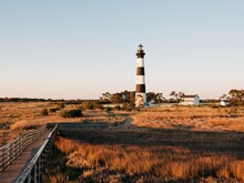Bodie Island Lighthouse And Marsh Boardwalk Trail, In The Outer Banks, North Carolina