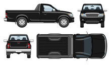 Black Pickup Truck Vector Template With Simple Colors Without Gradients And Effects. View From Side, Front, Back, And Top