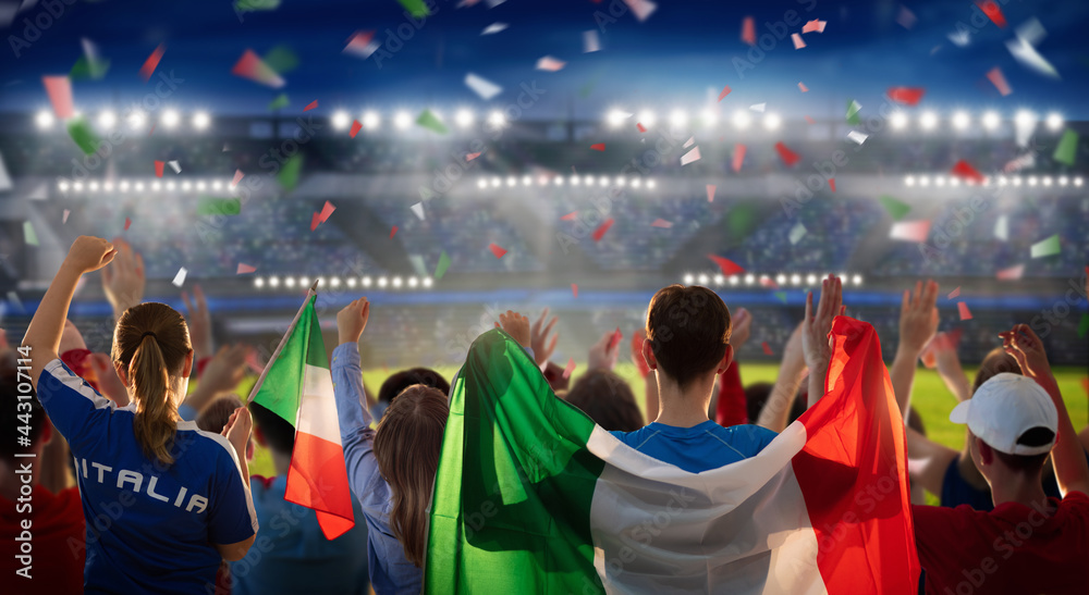 Italy football team supporter on stadium. - obrazy, fototapety, plakaty 