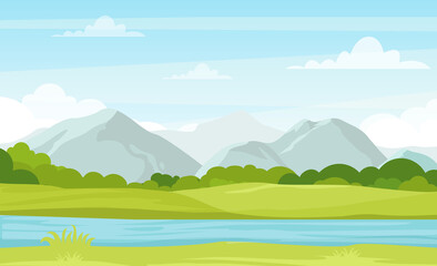 Vector illustration of summer landscape with mountains and river. Beautiful mountains view in cartoon flat style, good background for your banner design