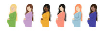 Vector Illustration With Different Ethnicities And Cultures Pregnant Women.