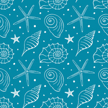 Cute Underwater World Seamless Pattern. Textured Line Seashells And Starfish On Blue Background. Vector Shabby Hand Drawn Illustration