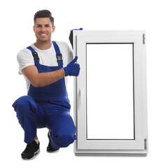 Poster - Worker with plastic window on white background. Installation service