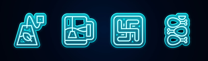 Sticker - Set line Tea bag, Cup of tea with tea, Hindu swastika and Tandoori chicken. Glowing neon icon. Vector